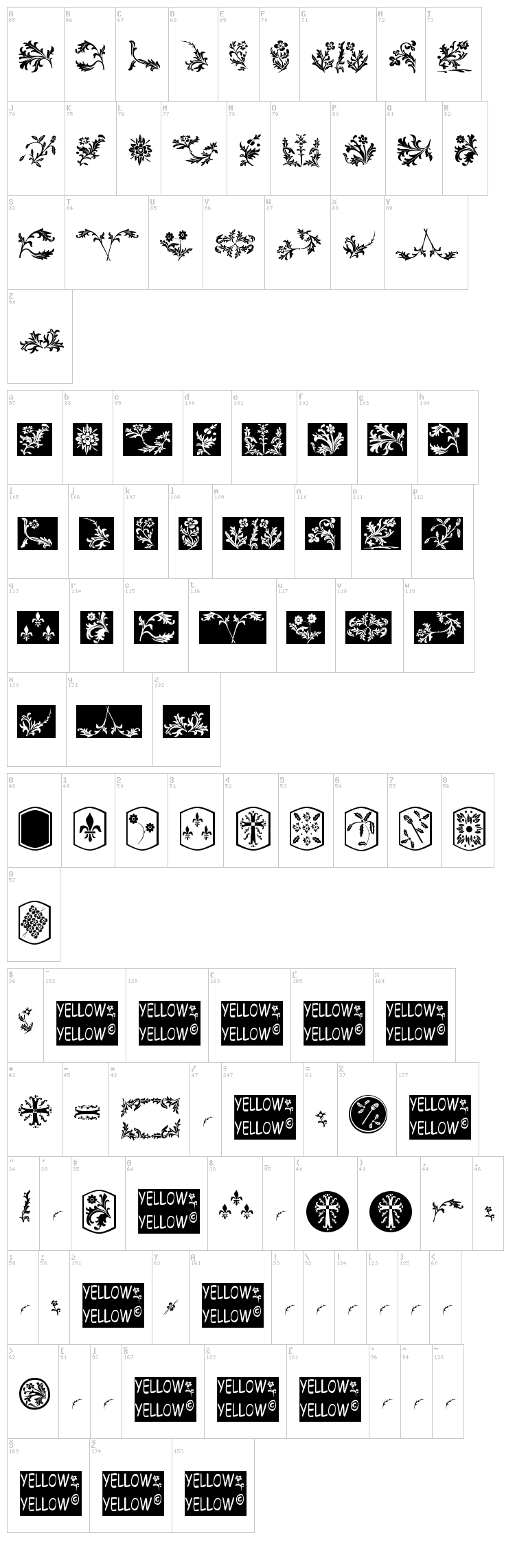 YY Old English Dingbats font map